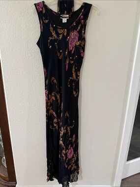 Black Sleeveless Floral Maxi Dress with Pink & Gold Scrolls